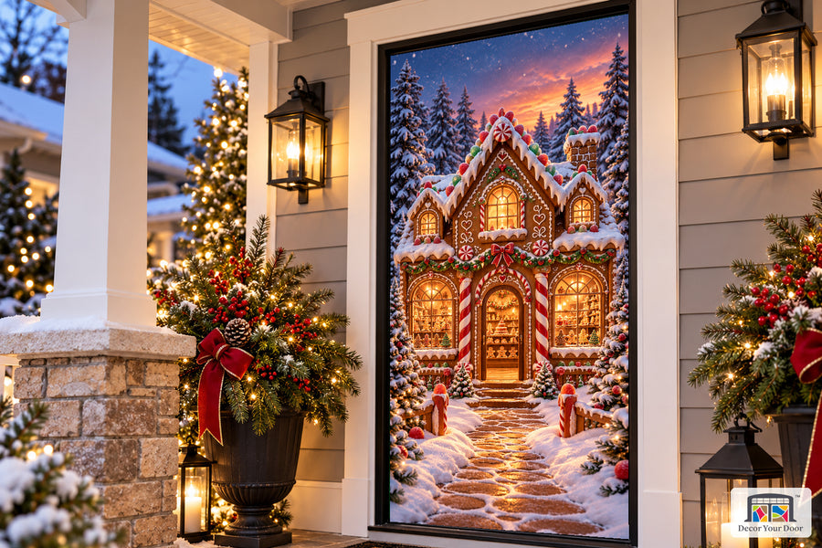 Gingerbread Bakery Front Door Cover on the approved Christmas porch, angled view.