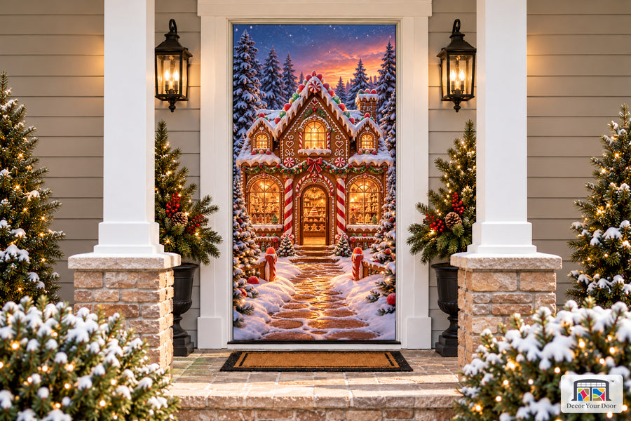 Gingerbread Bakery Front Door Cover on a snowy Christmas porch, front view.