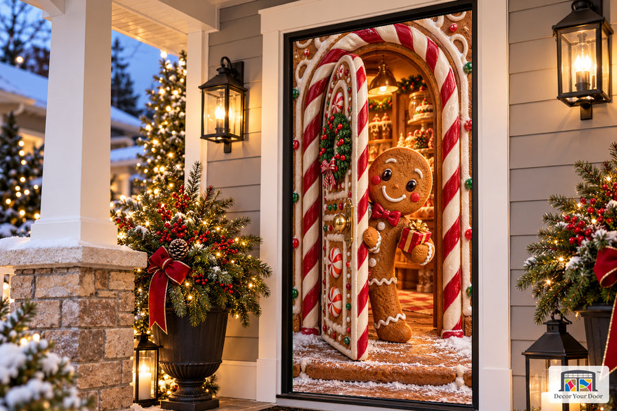 Gingerbread Bakery Surprise Front Door Cover on the approved Christmas porch, angled view.