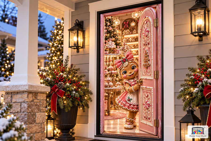 Gingerbread Girl Christmas Patisserie Front Door Cover on the approved Christmas porch, angled view with complete illustrated door.