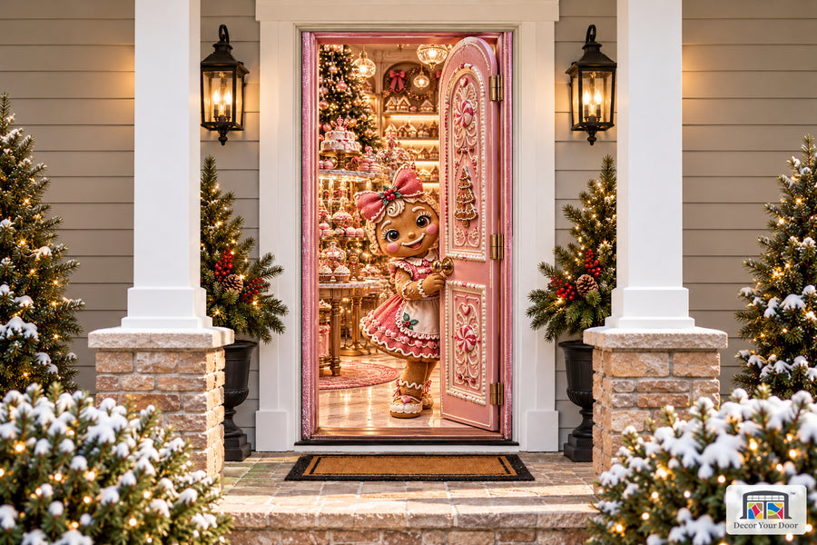 Gingerbread Girl Christmas Patisserie Front Door Cover printed 3D door illusion on a snowy Christmas porch, front view.