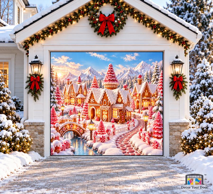 Gingerbread Village Christmas Garage Door Cover — one-car garage front view