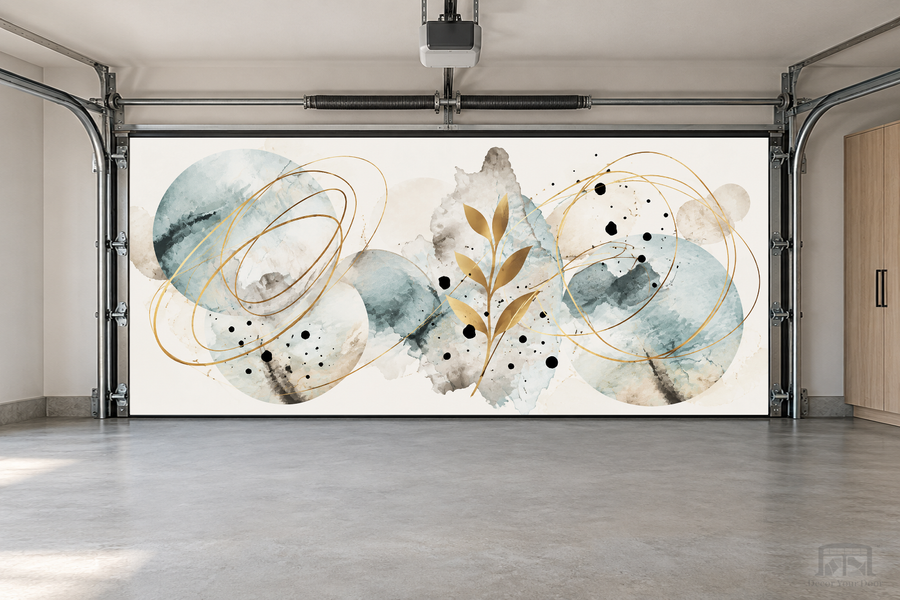 Golden Balance Abstract interior garage door cover — two-car front view