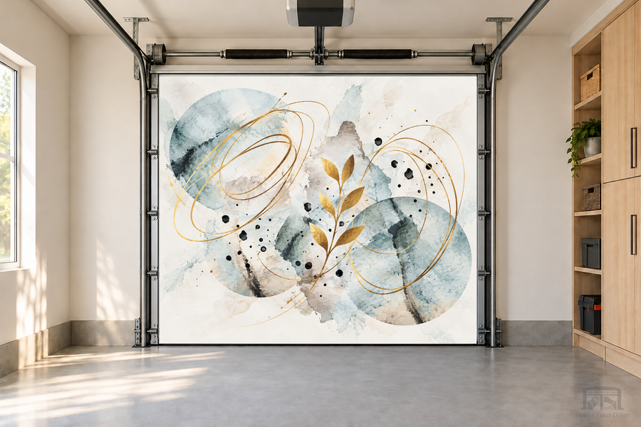 Golden Balance Abstract interior garage door cover — one-car front view