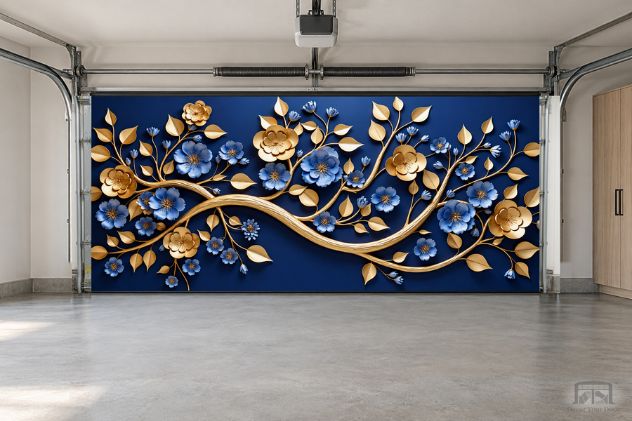 Golden Blossom Elegance interior garage door cover — two-car garage front view