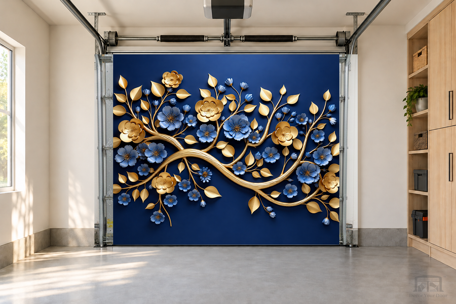 Golden Blossom Elegance interior garage door cover — one-car garage front view
