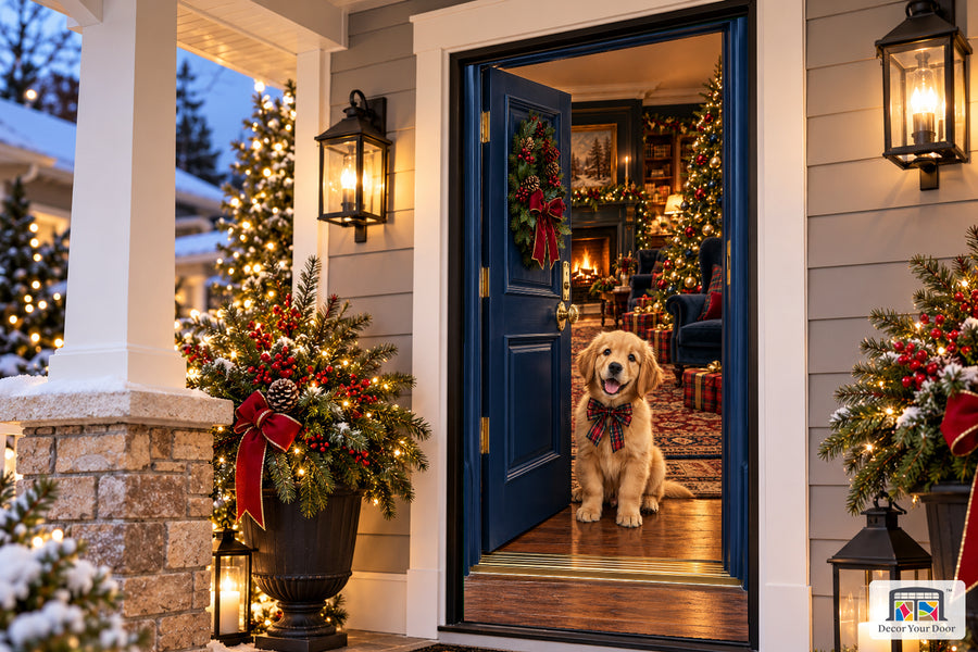Golden Puppy Christmas Welcome Front Door Cover on the approved Christmas porch, angled view with complete illustrated door.