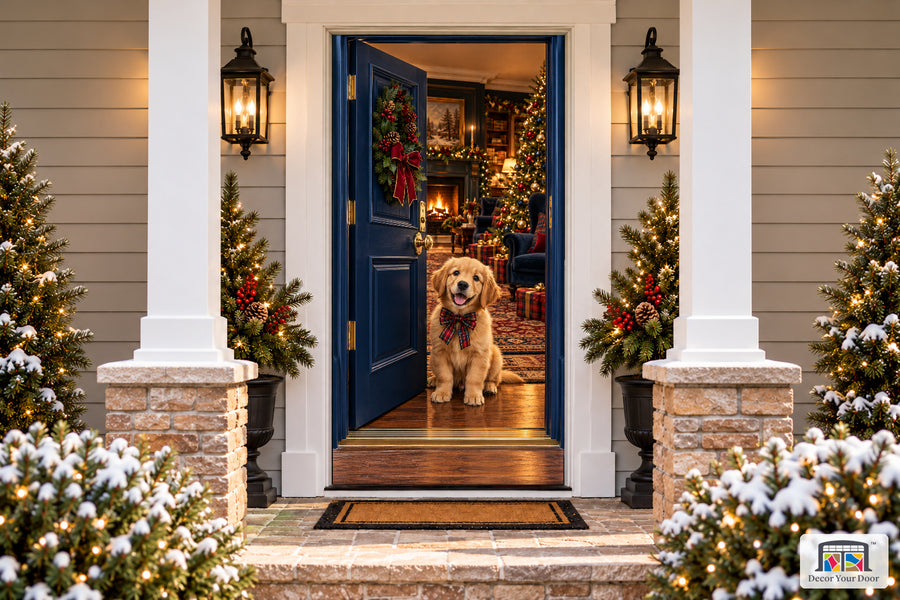Golden Puppy Christmas Welcome Front Door Cover printed 3D door illusion on a snowy Christmas porch, front view.