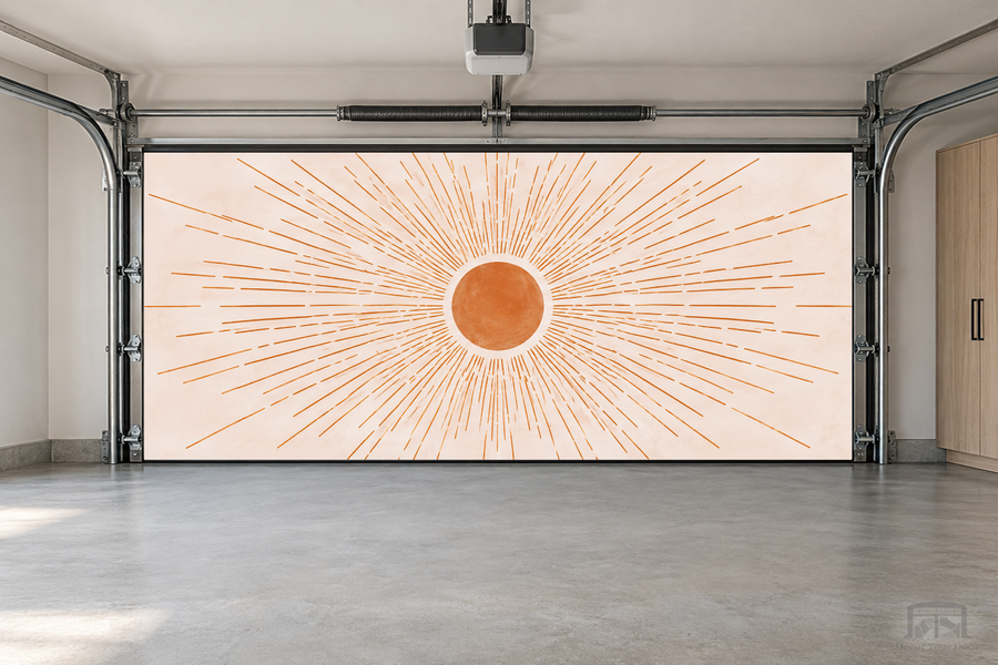 Golden Sunburst Calm interior garage door cover — two-car front view