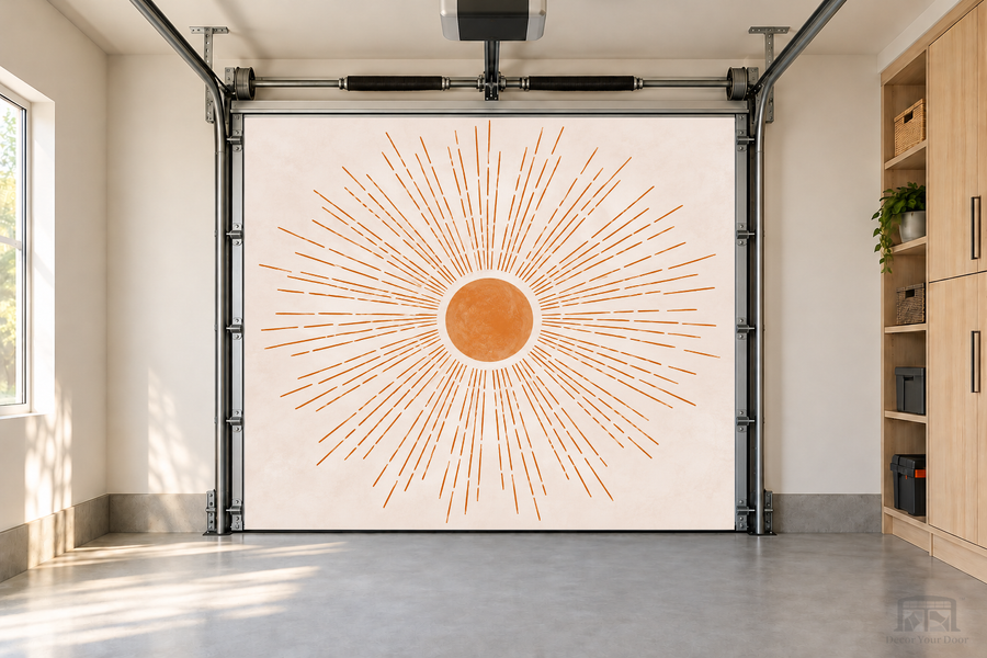 Golden Sunburst Calm interior garage door cover — one-car front view