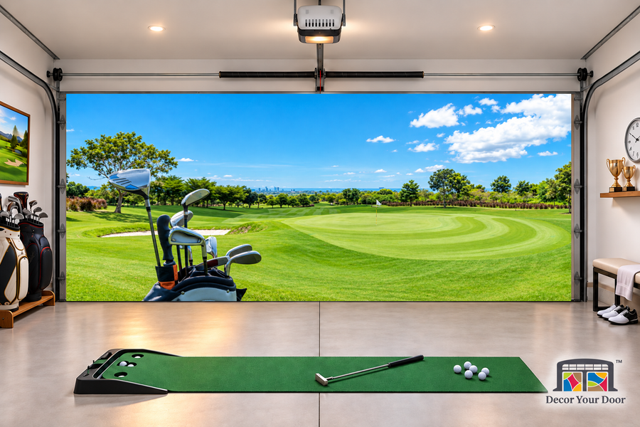 Golf Paradise View interior garage door cover — two-car front view