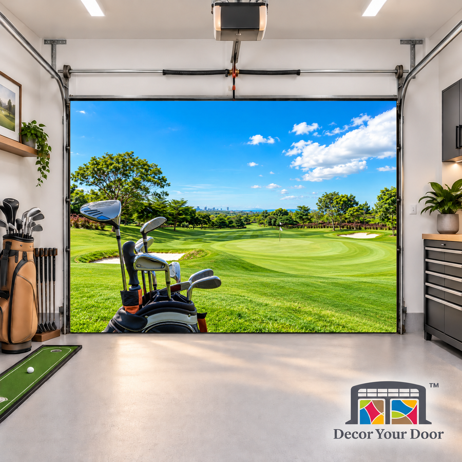 Golf Paradise View interior garage door cover — one-car front view
