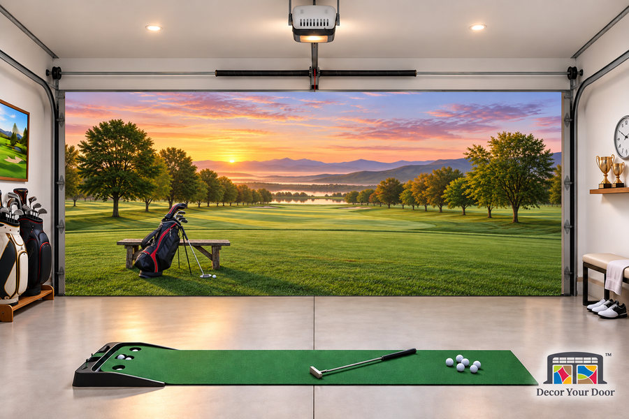 Golf Sunrise Serenity interior garage door cover in a two-car golf-themed garage, front view