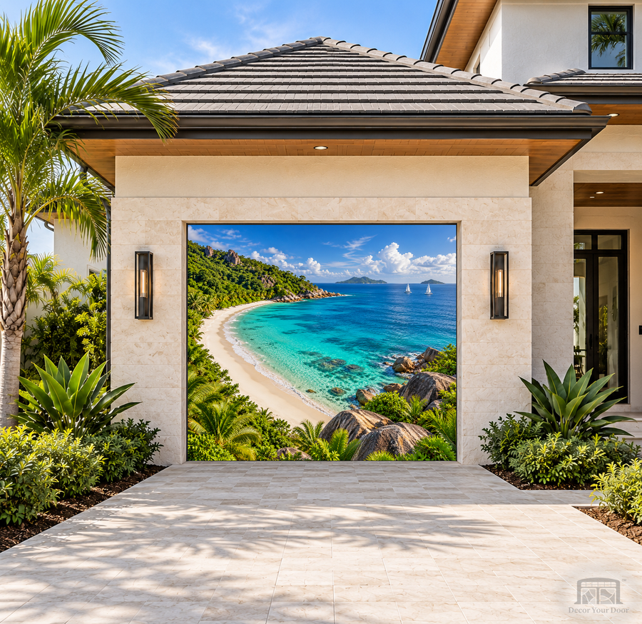 Grand Anse Inspired Beach Garage Door Cover — one-car garage front view