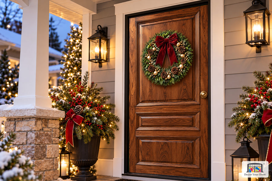 Grand Christmas Entrance Front Door Cover on the approved Christmas porch, angled view.