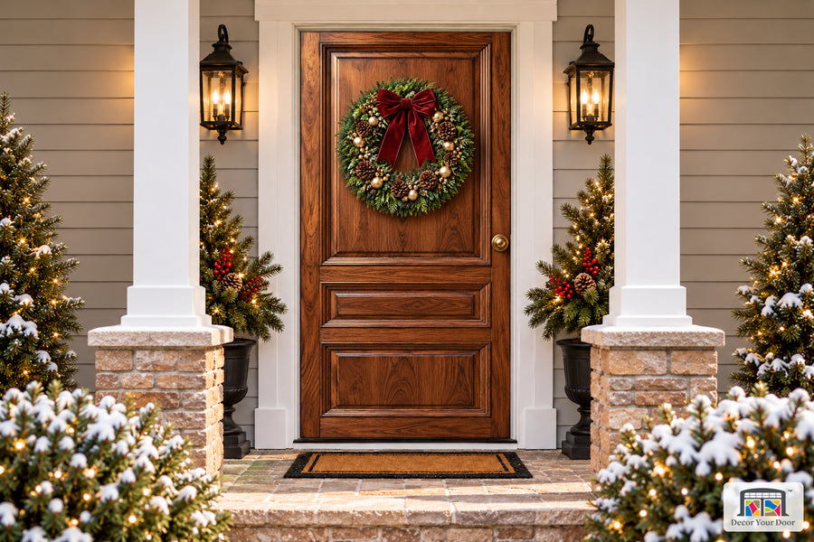 Grand Christmas Entrance Front Door Cover on a snowy Christmas porch, front view.