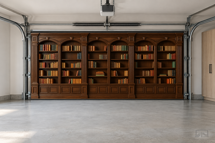 Grand Oak Library interior garage door cover — two-car front view