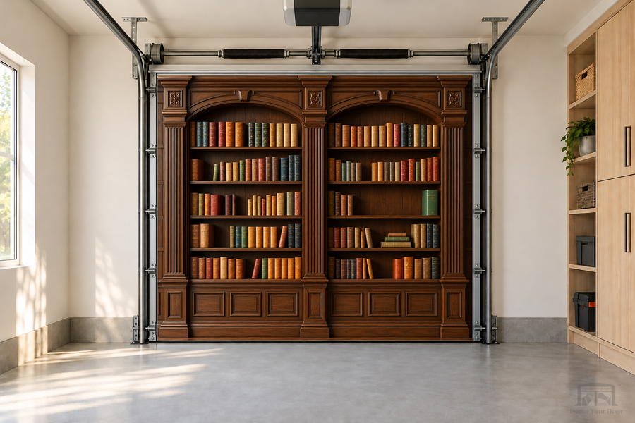 Grand Oak Library interior garage door cover — one-car front view
