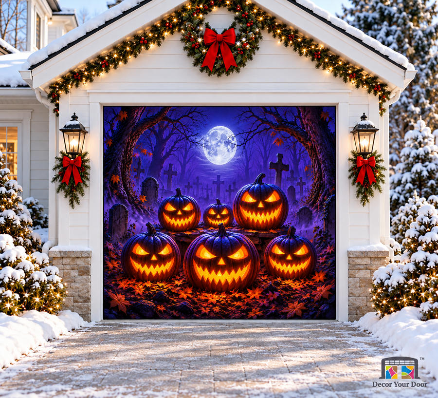 Graveyard Glow Pumpkin Horde Halloween Garage Door Cover — one-car front view
