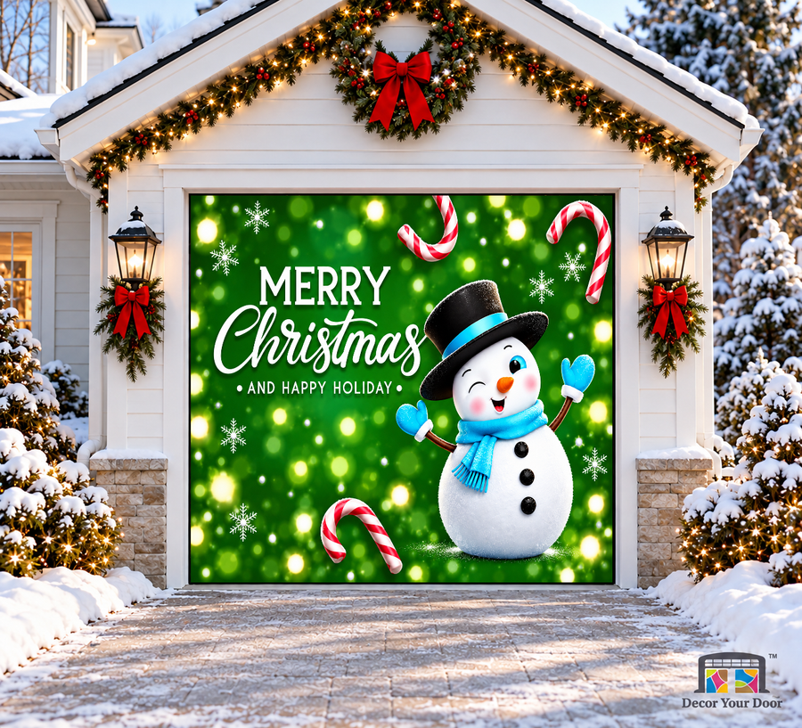 Green Snowman Merry Christmas Garage Door Cover — one-car garage front view