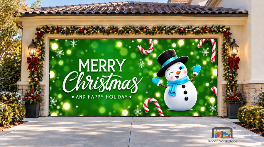 Green Snowman Merry Christmas Garage Door Cover — two-car garage front view