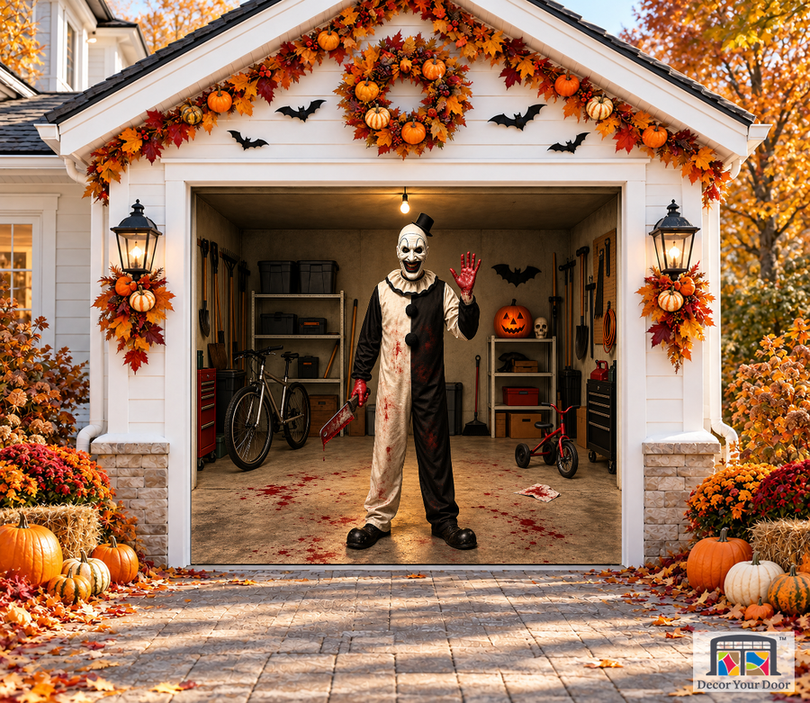Terrifier Clown garage door cover — one-car garage front view