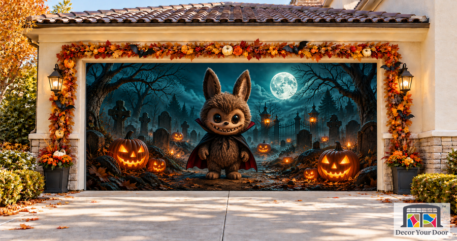 Labubu Lantern Cemetery garage door cover — two-car garage front view