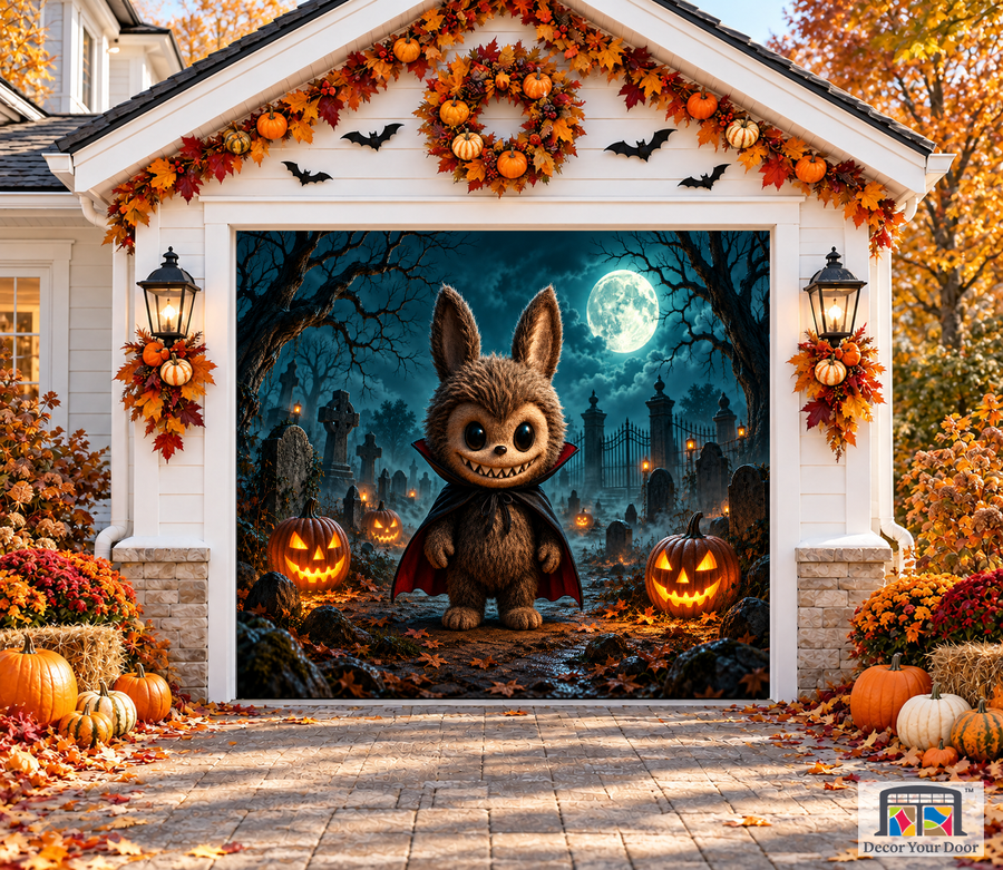 Labubu Lantern Cemetery garage door cover — one-car garage front view