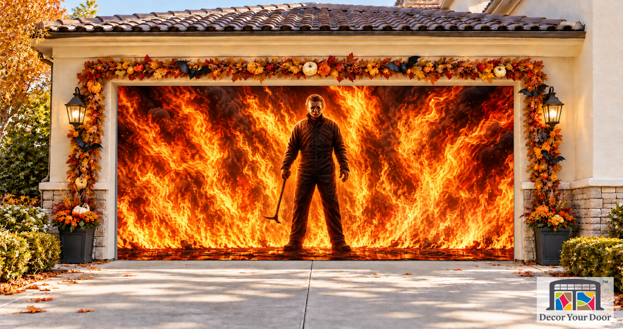 Michael Myers Hellfire garage door cover — two-car garage front view
