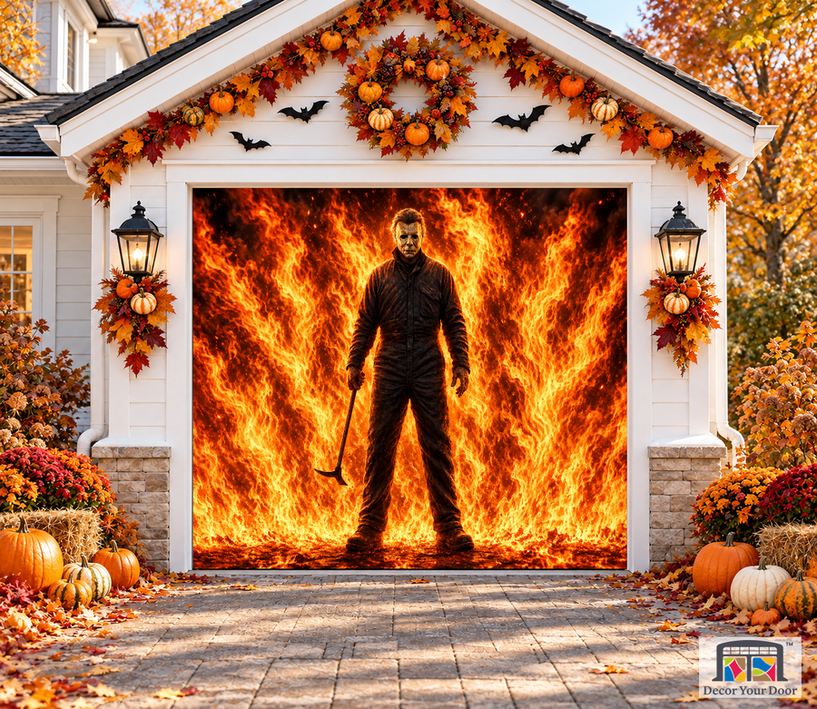 Michael Myers Hellfire garage door cover — one-car garage front view