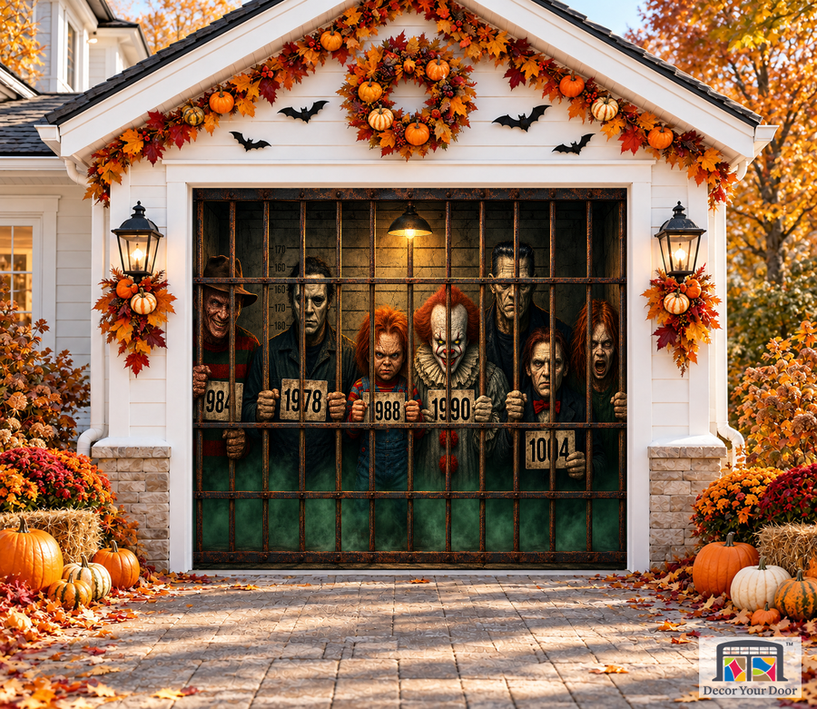 Behind Bars of Terror garage door cover — one-car garage front view