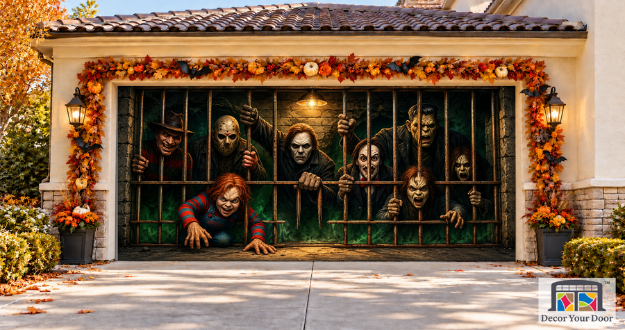 Escape from the Cell garage door cover — two-car garage front view