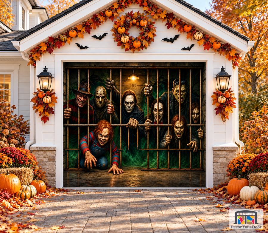 Escape from the Cell garage door cover — one-car garage front view