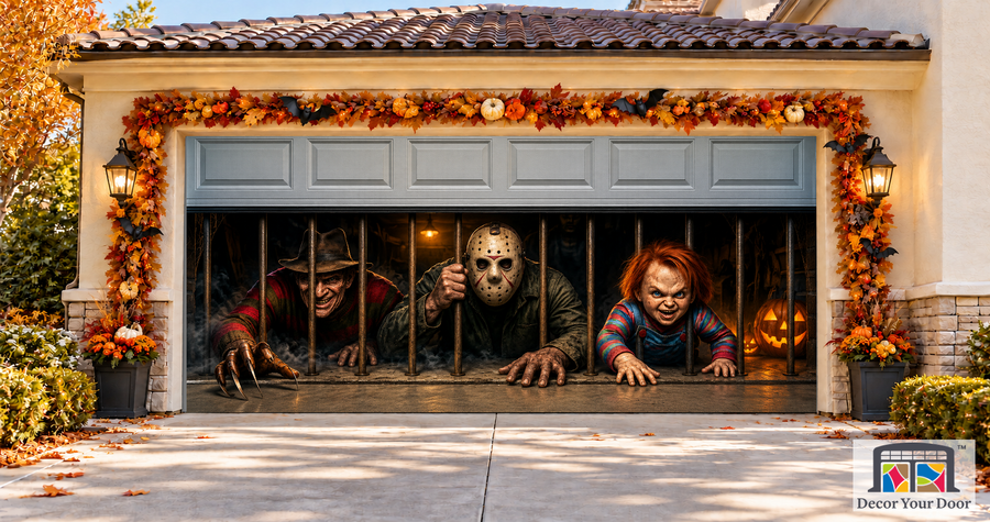 Creeping Out of the Garage garage door cover — two-car garage front view
