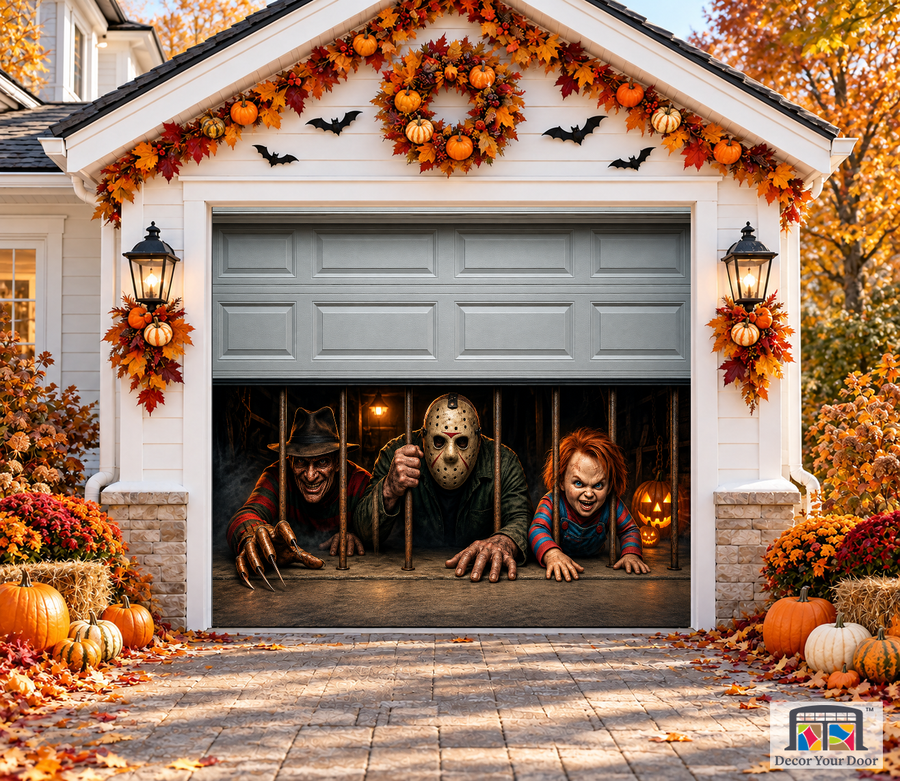 Creeping Out of the Garage garage door cover — one-car garage front view