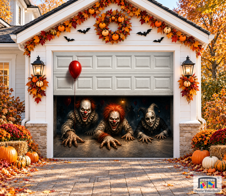 Circus of Nightmares garage door cover — one-car garage front view
