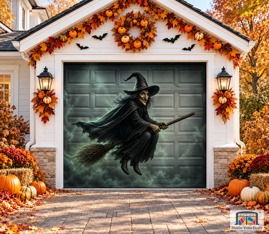 Witch Over the Driveway garage door cover — one-car garage front view