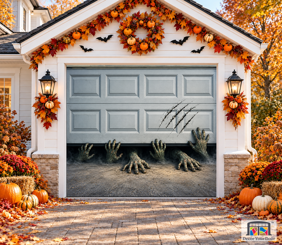 Zombie Hands Crawl garage door cover — one-car garage front view