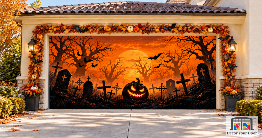 Happy Halloween Pumpkins & Bats garage door cover — two-car garage front view