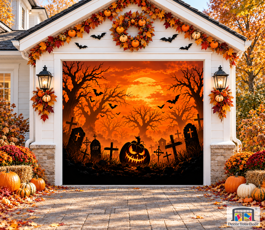 Happy Halloween Pumpkins & Bats garage door cover — one-car garage front view