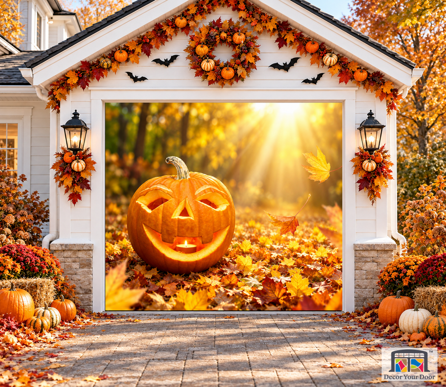 Halloween Carving Pumpkin garage door cover — one-car garage front view
