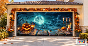 Linterna sobre mesa en una noche tenebrosa de Halloween con luna llena, fondo de pancarta para puerta de garaje