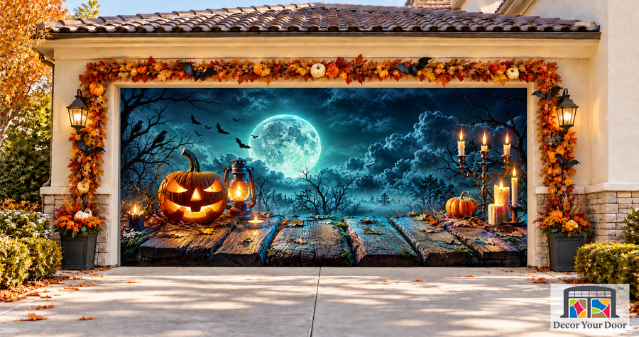 Full Moon & Lantern garage door cover — two-car garage front view