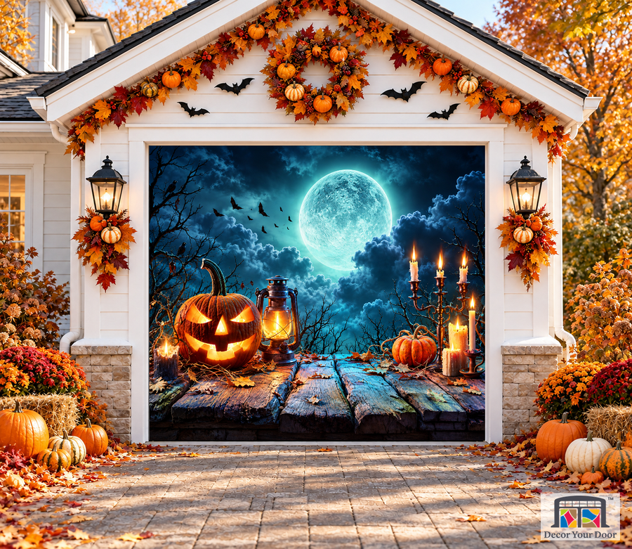 Full Moon & Lantern garage door cover — one-car garage front view