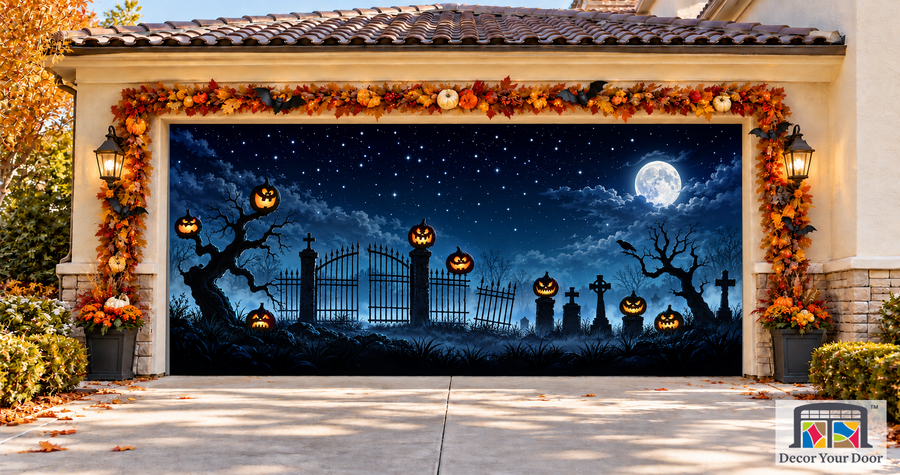 Halloween Night Sky garage door cover — two-car garage front view
