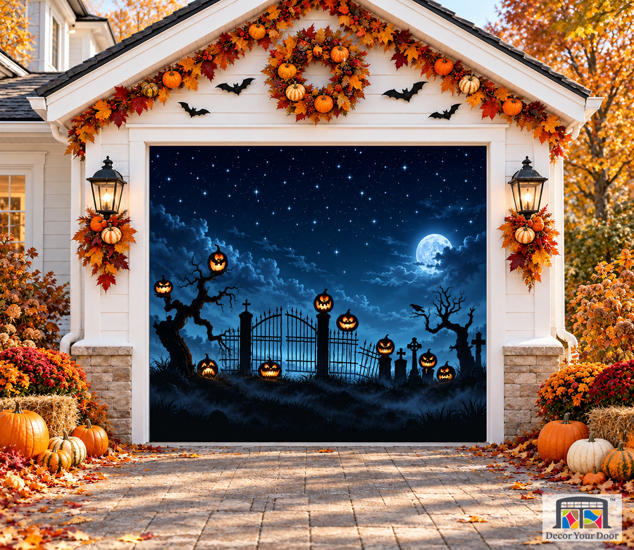 Halloween Night Sky garage door cover — one-car garage front view