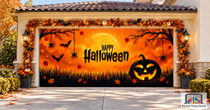 Orange Halloween med græskar, edderkop og flagermus – garageportovertræk
