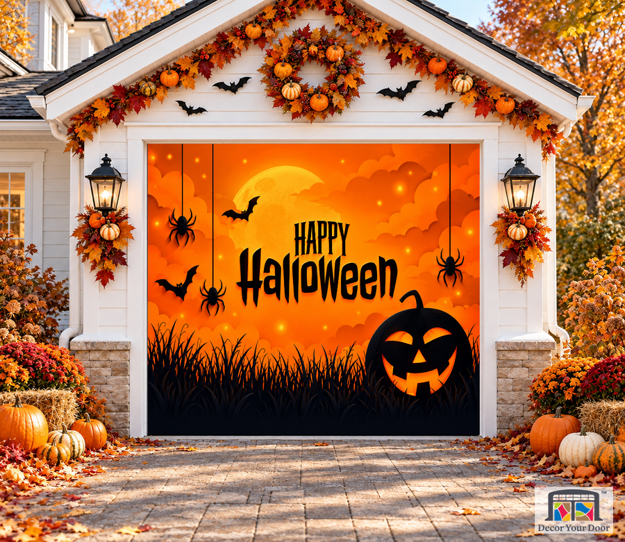 Orange Pumpkin, Spider & Bats garage door cover — one-car garage front view