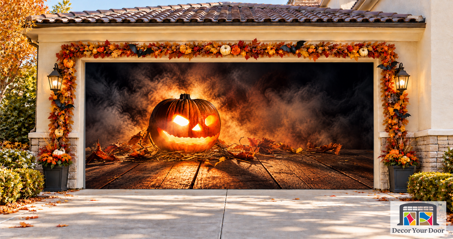 Scary Pumpkin on Wooden Planks garage door cover — two-car garage front view