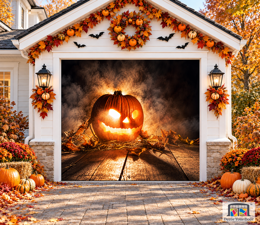 Scary Pumpkin on Wooden Planks garage door cover — one-car garage front view